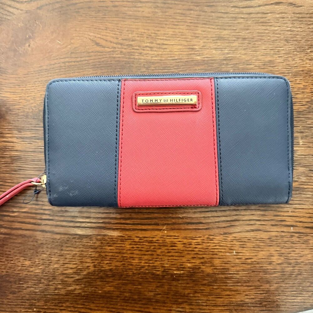 Tommy Hilfiger Zip Around Wallet Red Navy Colorblock Long Wallet Organizer Clutc